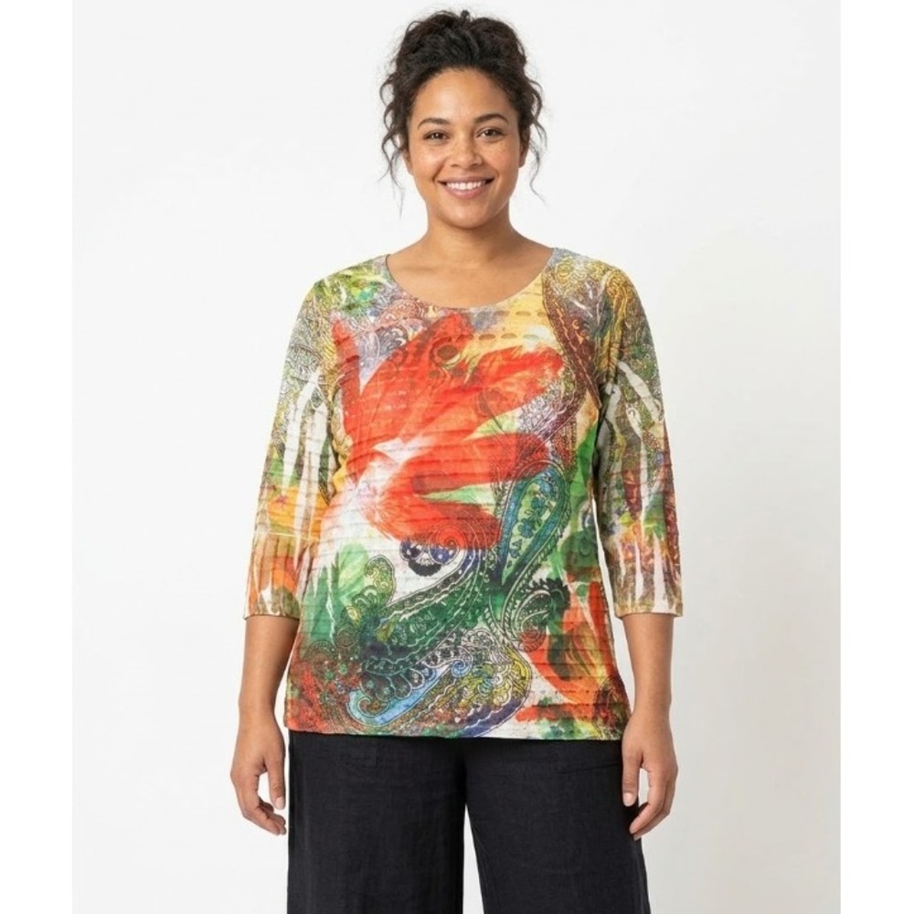 Cubism size XL V Neck‎ Colorful Artsy Abstract Print 3/4 Sleeve Stretch Top